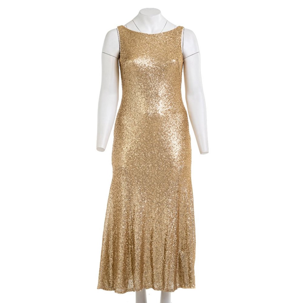 THEIA Gemma Matte Gold Sequin Gown Dress Sz 14